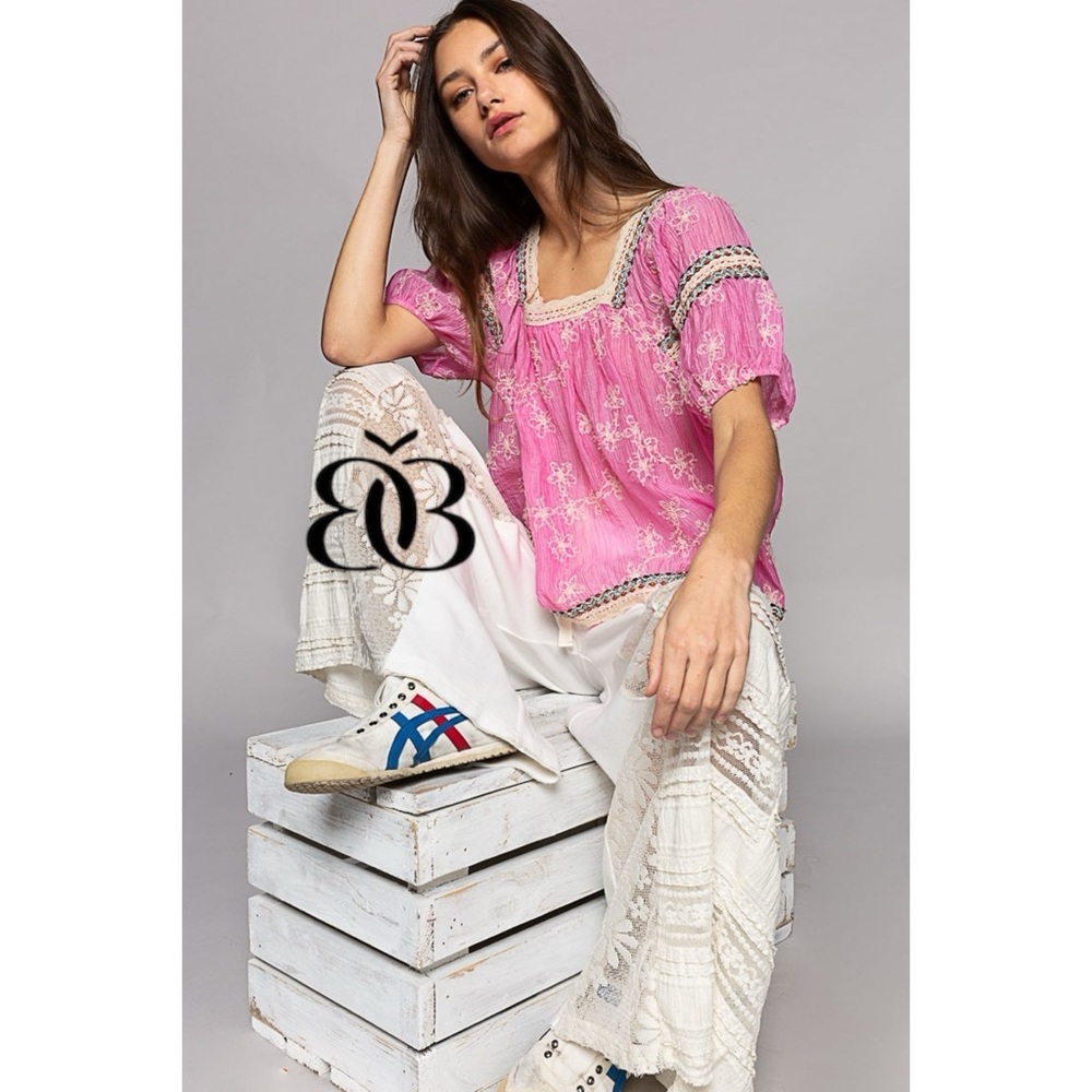 POL Pink Floral Embroidered Square Neck Chiffon Top Oversized - Picture 7 of 10